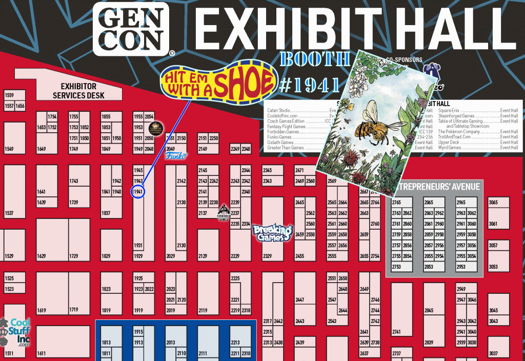 Map of Gen Con 2019 Exhibit Hall showing where Hit 'em With a Shoe booth #1941 is located